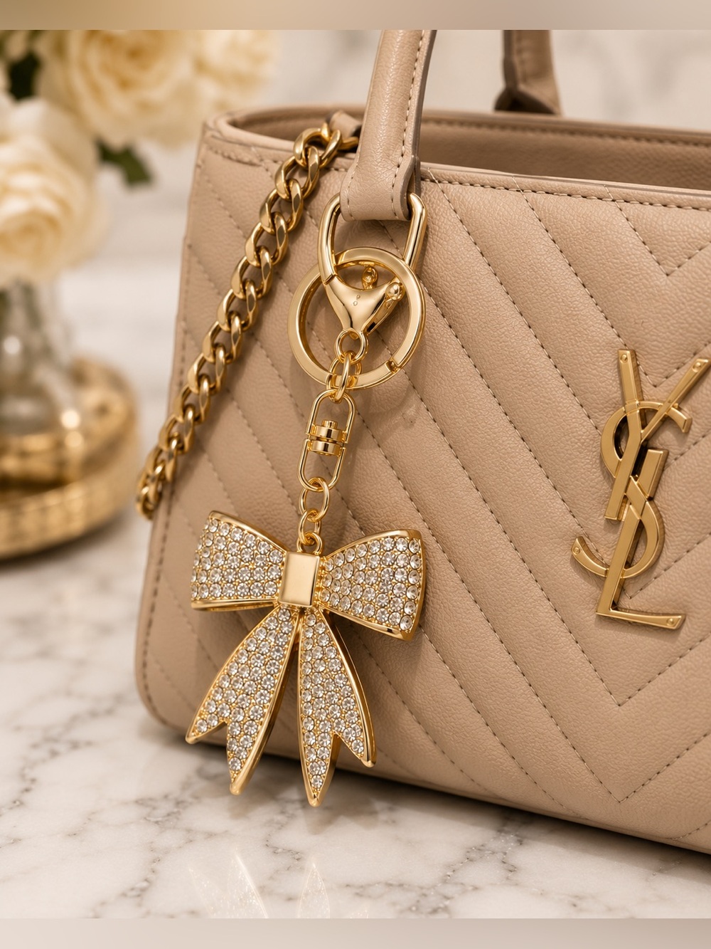 Rhinestone Bow Bag/ Keychain Gold Crystal Purse Charm-One
